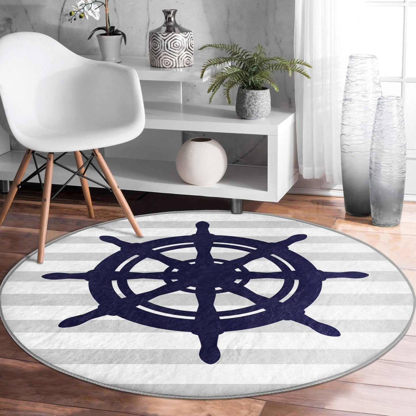 Rudder Pattern Boat Marine Decoration Washable Round Rug | Homeezone