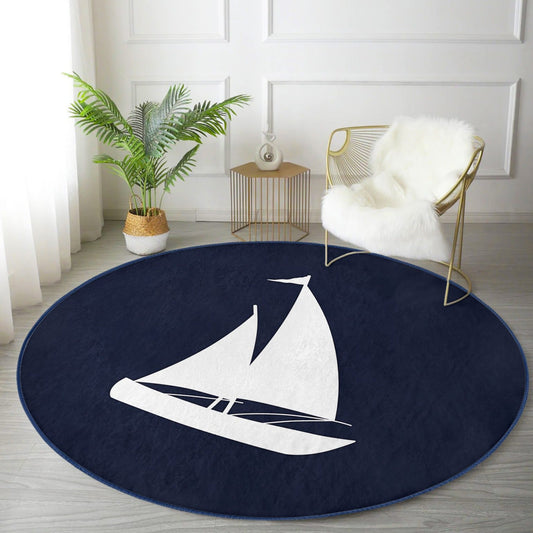 Blue Sail Pattern Boat Decoration Washable Round Rug | Homeezone