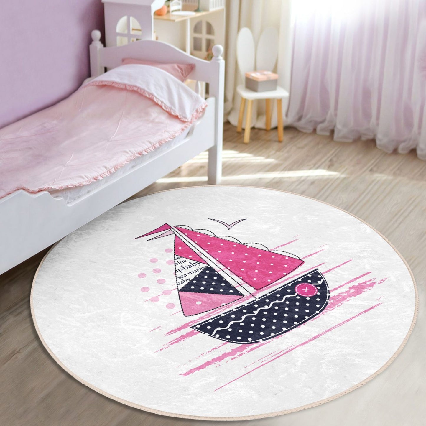 Pink Sail Boat Pattern Kids Room Washable Rug | Homeezone