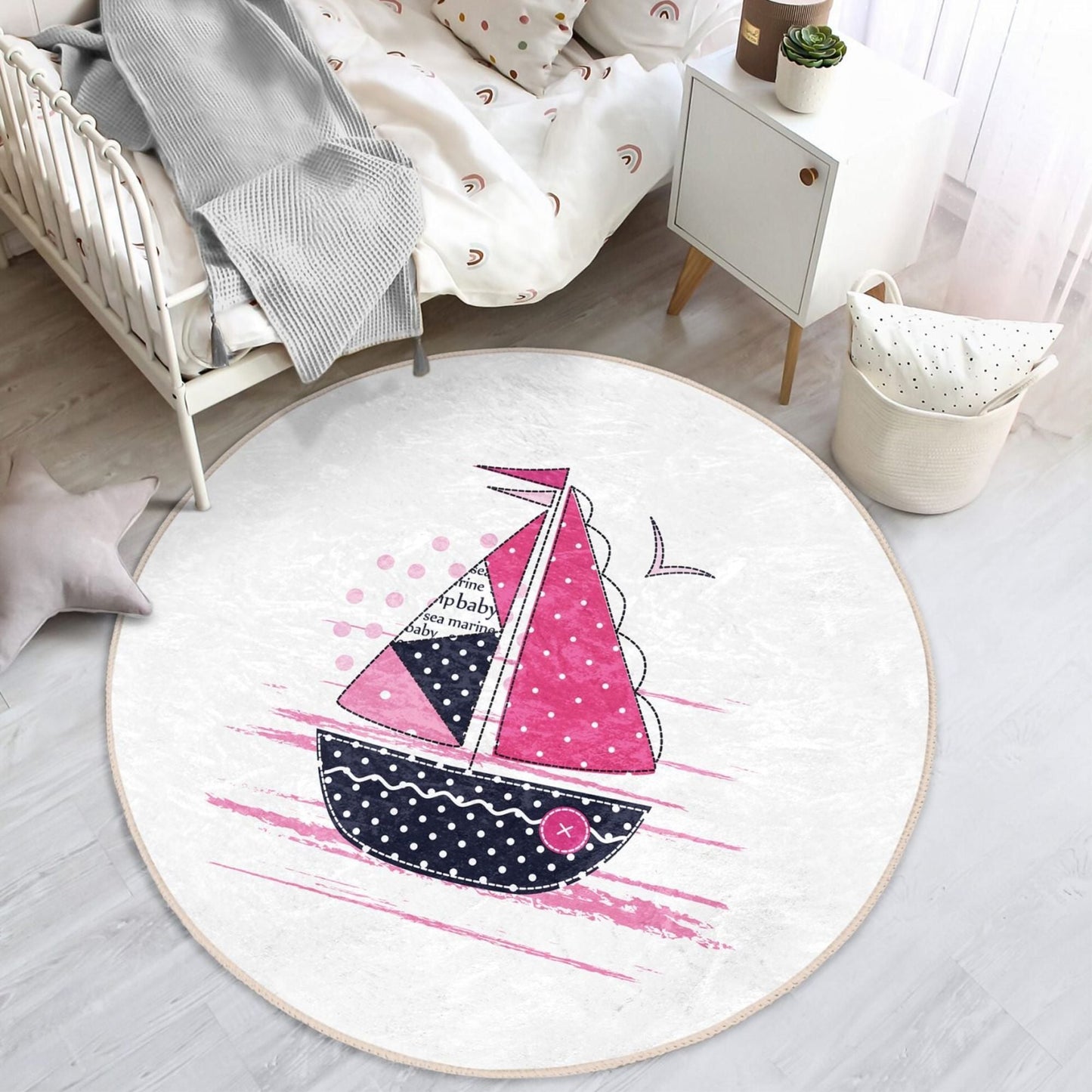 Pink Sail Boat Pattern Kids Room Washable Rug | Homeezone