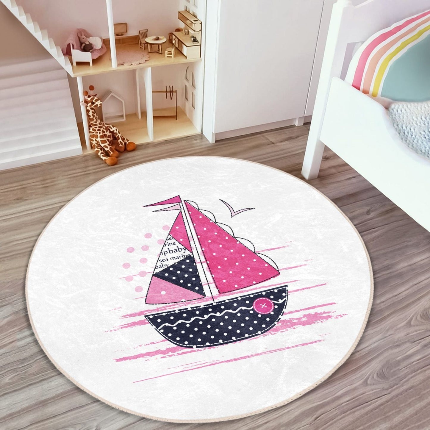 Pink Sail Boat Pattern Kids Room Washable Rug | Homeezone