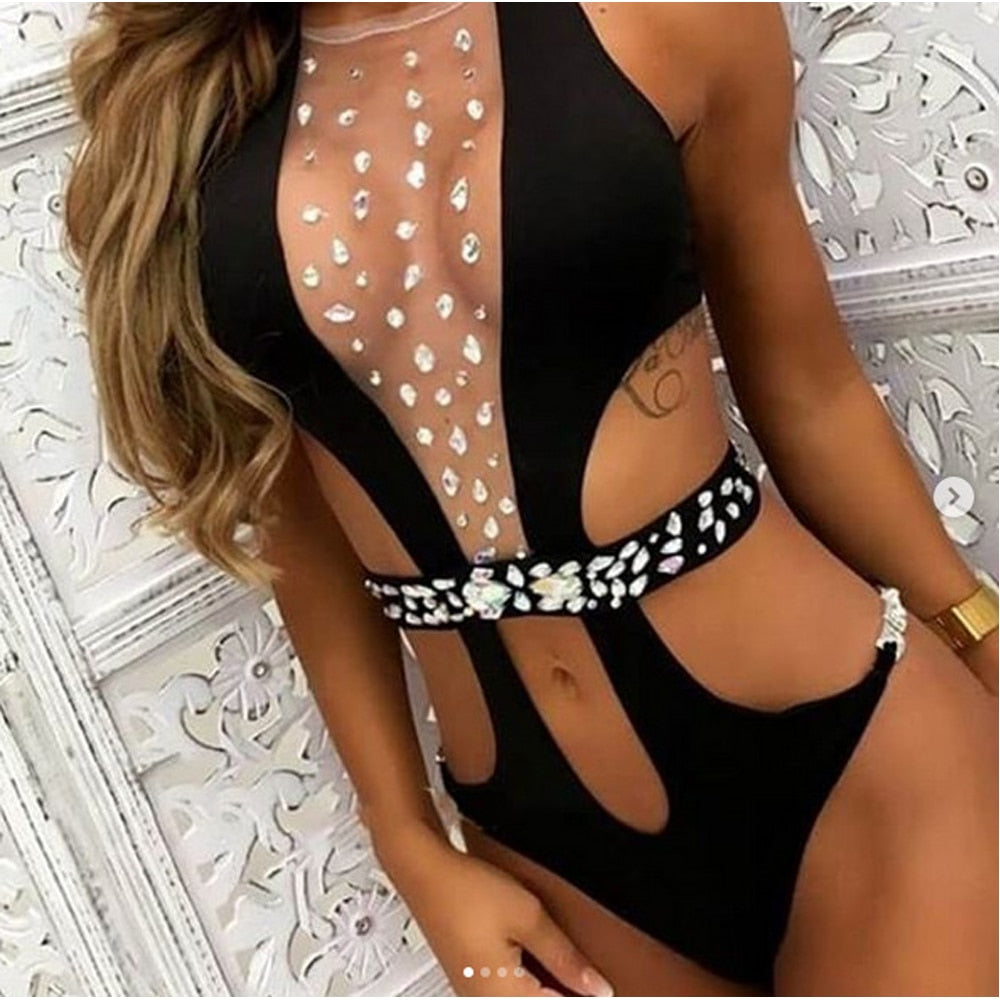 New Women Sexy Swimsuit Shiny Swimwear With Rhinestone Belt Chest