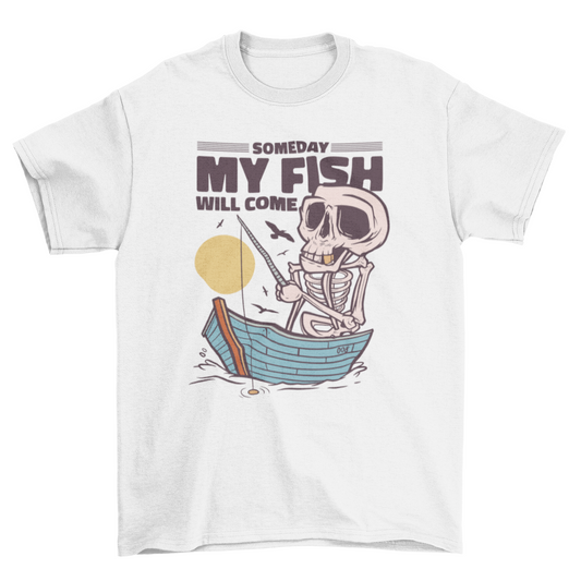 Skeleton fishing in lake t-shirt